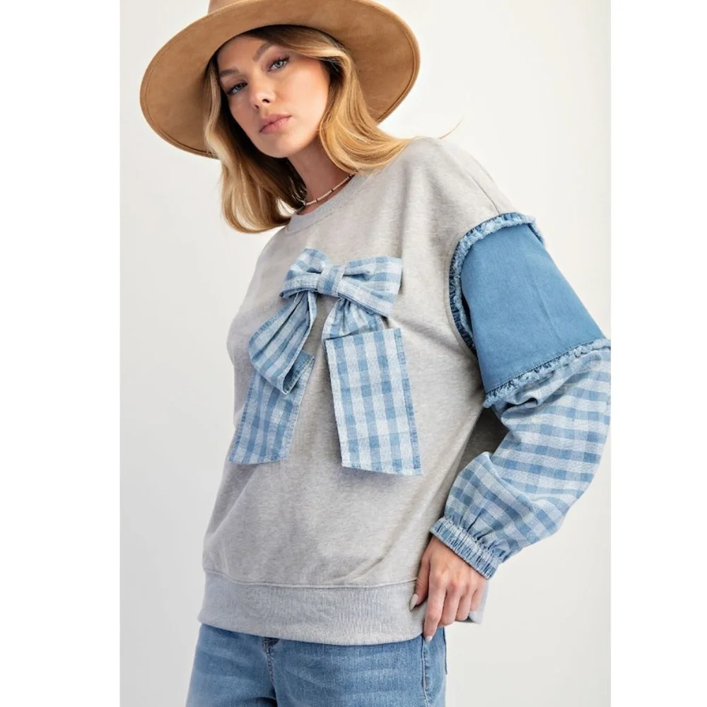 🌟 “The McKenna" Gray Denim Contrast Plaid Bow Pullover - Picture 3 of 4